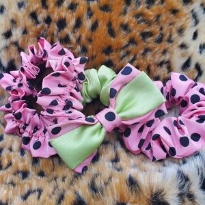 Set of 3 scrunchies Pink w/black Polka dot and Bright Green